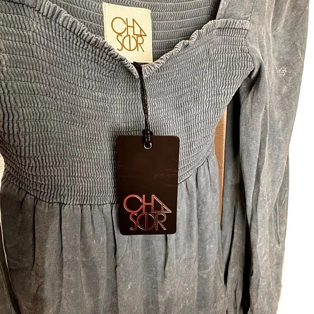 Chaser Long Sleeve Smocked Top Steele Blue Women's Small NWT BOHO Relaxed Flowy - Picture 6 of 11